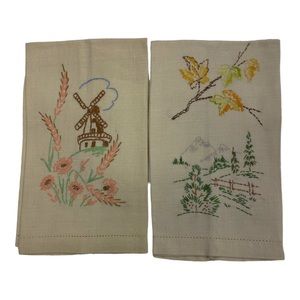 Two Linen Hand Embroidered Tea Towels Vintage Windmill And Fall Scene.